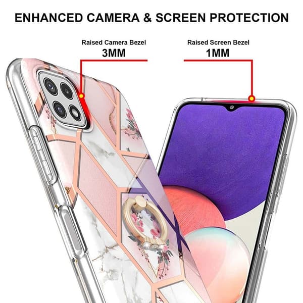 Marble Mønstret Cover med Ring Holder til Samsung Galaxy A22 5G - Lyserøde Blomster Pink