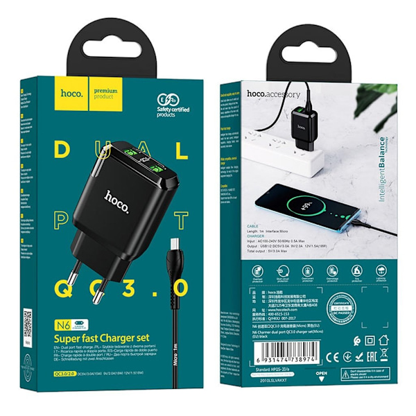 HOCO N6 Charmer dual port QC3.0 oplader sæt (Micro) (EU) - Sort Black