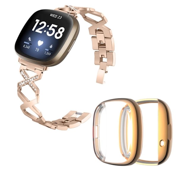 Fitbit Sense / Versa 3 X-formad strassdekor klockarmband med roséguldfodral - Guld Guld