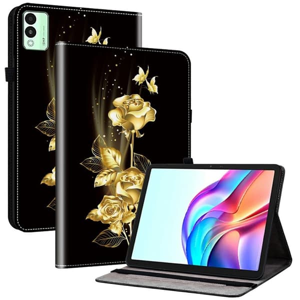 TECNO Megapad 11 Leather Case Pattern Printed Stand Tablet Cover with Card Slots - Gold Butterfly Rose Gold