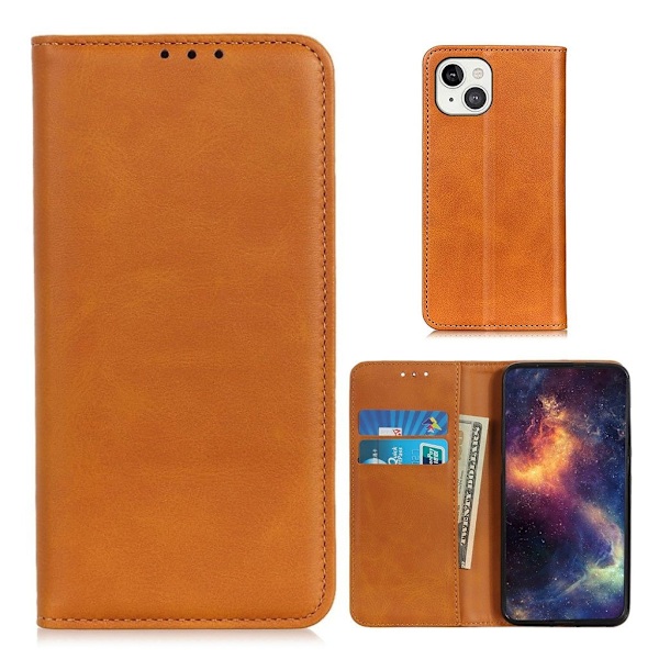 Lompakko-style Aitoa Nahkaa Läppäkotelo For iPhone 13 - Ruskea Brown