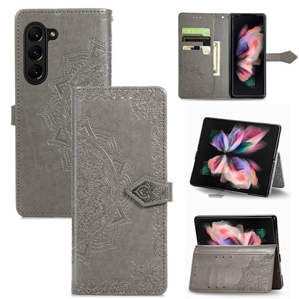 Mandala Samsung Galaxy Z Fold5 nahkakotelo - Harmaa Silver grey