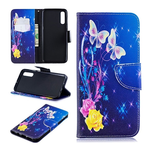 Samsung Galaxy A50 kuvioitu nahkakotelo - Ruusut Ja Perhoset Multicolor