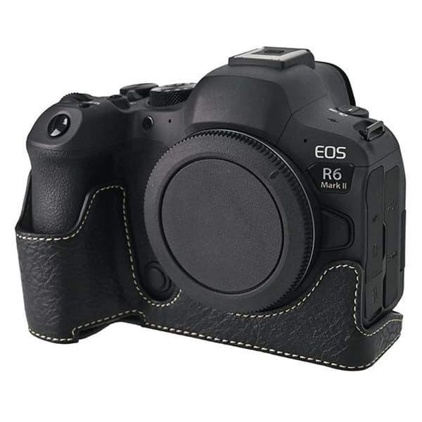 Canon EOS R6 Mark II / R6 / R5 Camera Case with Shoulder Strap Large Cutout Litchi Texture PU Protective Cover - Black Black