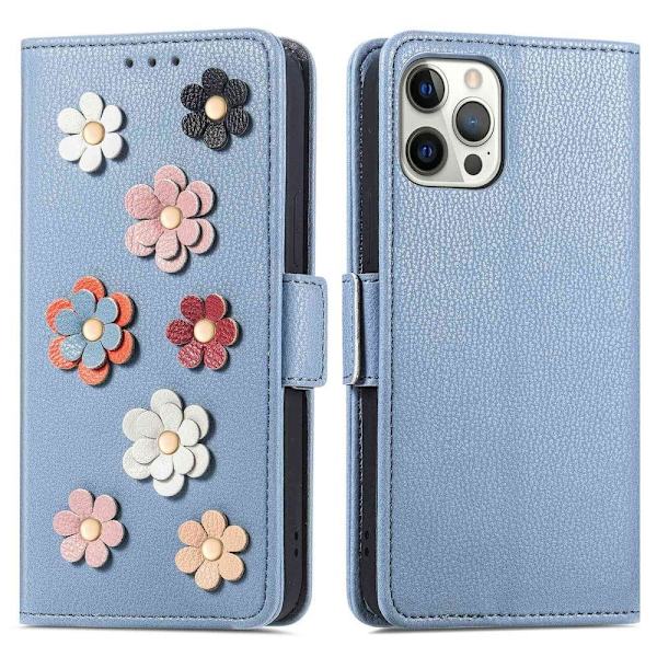Mjukt läder iPhone 13 Pro fodral med blomdekor - Blå Blå