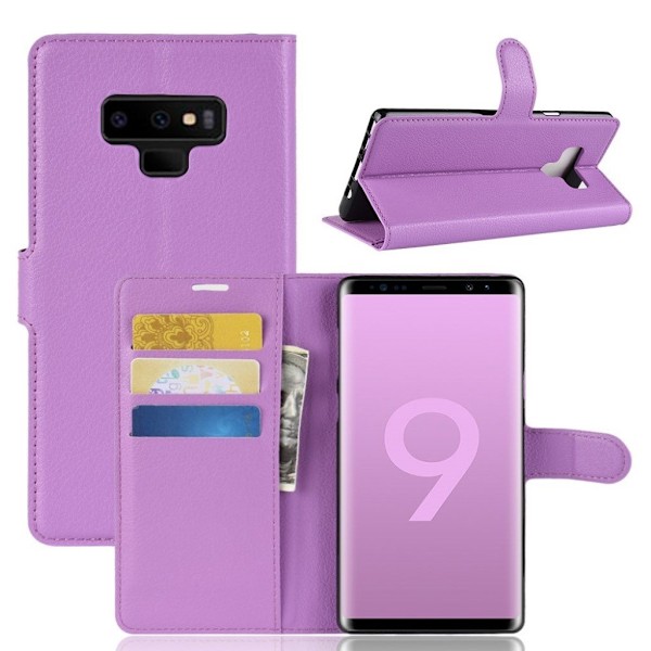 Samsung Galaxy Note9 mobiletui i kunstlæder med Litchi overfalde samt pung - Lilla Purple