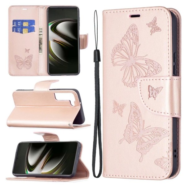 Butterfly Samsung Galaxy S22 Plus Flip Etui - Rødguld Pink