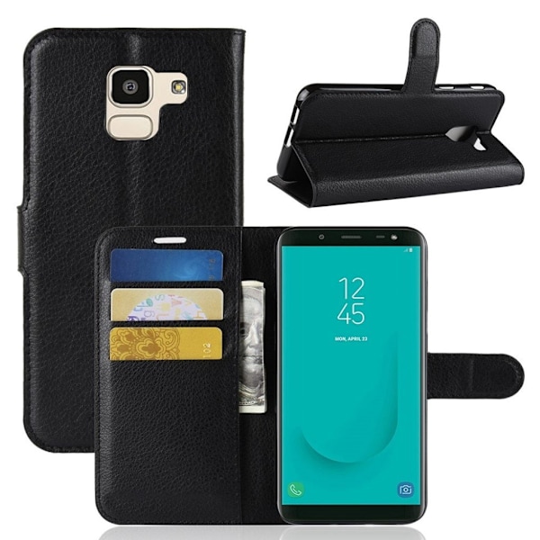 Samsung Galaxy J6 mobiletui i lædermateriale med Litchi overflade samt magnetisk lukkeklap - Sort Black