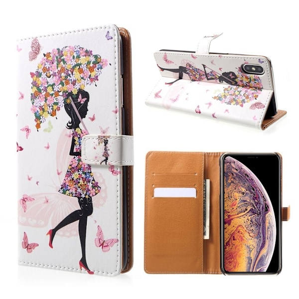 iPhone 9 Plus mobilskal plast syntetläder plånbok stående tryckmönster - Blomflicka håller paraply multifärg