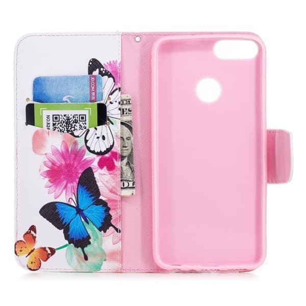 Huawei P Smart Mønstret Lær Flip Etui - Sommerfugler Og Blomster Multicolor