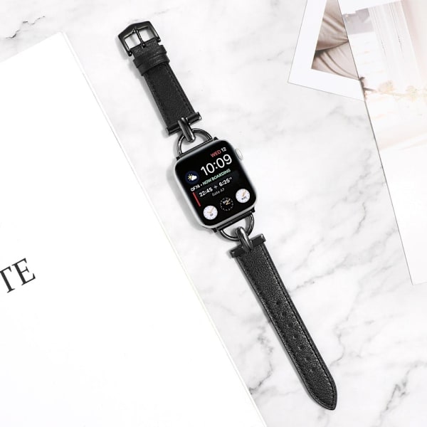 Apple Watch Series 8 (41mm) D-formet rem i ægte læder - Sort Black