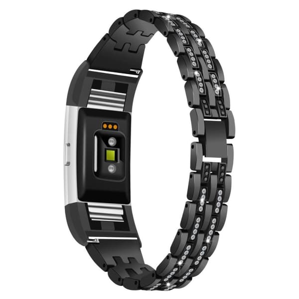 Fitbit Charge 2 erstatnings urrem i metal med bjergkrystal dekoration - Sort Black