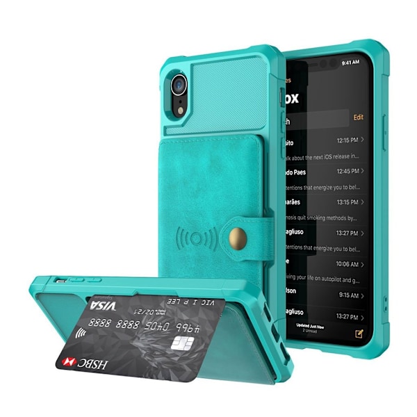iPhone Xr silikoonimuovinen takasuoja kuori synteetti nahaka lompakolla missä magneetti - Cyaani Green