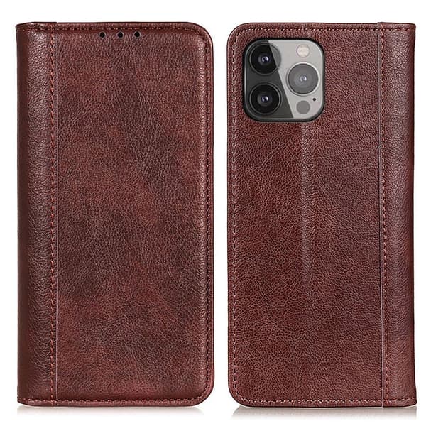 iPhone 13 Pro Max ægte læderetui med magnetisk lukning - Brun Brown