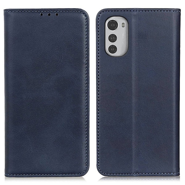 Motorola Moto E32 lompakkokotelo, aitoa nahkaa - Sininen Blue