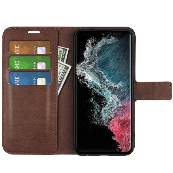 Hållbart konstläder Samsung Galaxy S23 Ultra fodral med plånbok Brun