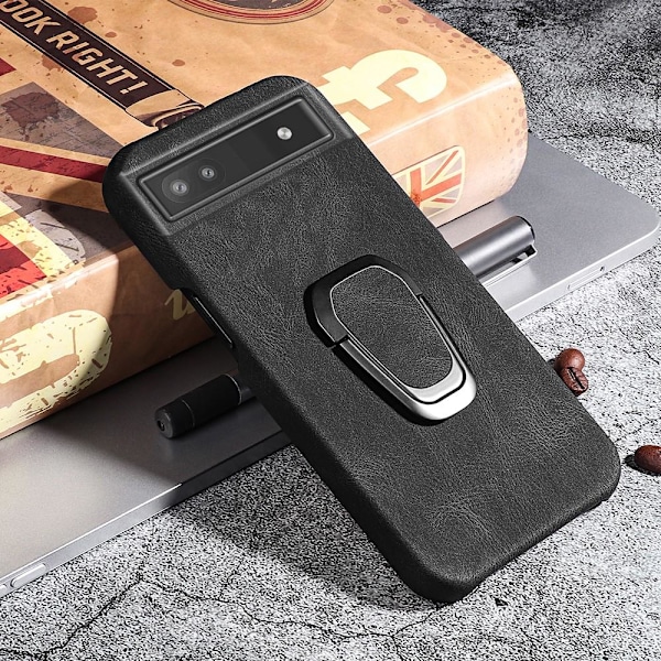 Iskunkestävä nahkasuojus soikealla jalustalla Google Pixel 6a:lle - Musta Black