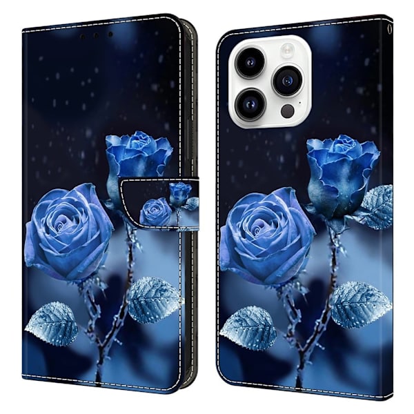 iPhone 16 Pro Max Plånboksfodral Mönster Tryck Stativ Läder Flip Telefonskal - Blå Rosor Blå