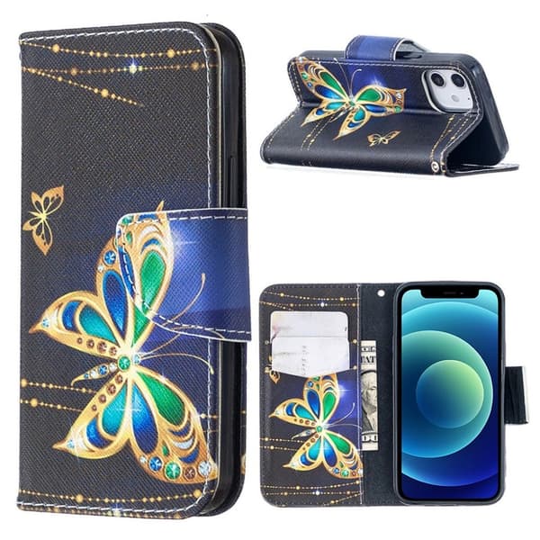 Wonderland iPhone 12 Mini flip kuoret - Kristalli Perhosia Multicolor