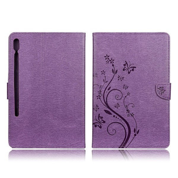 Samsung Galaxy Tab S6 aftryk sommerfugl blomster læder etui - lilla Pink