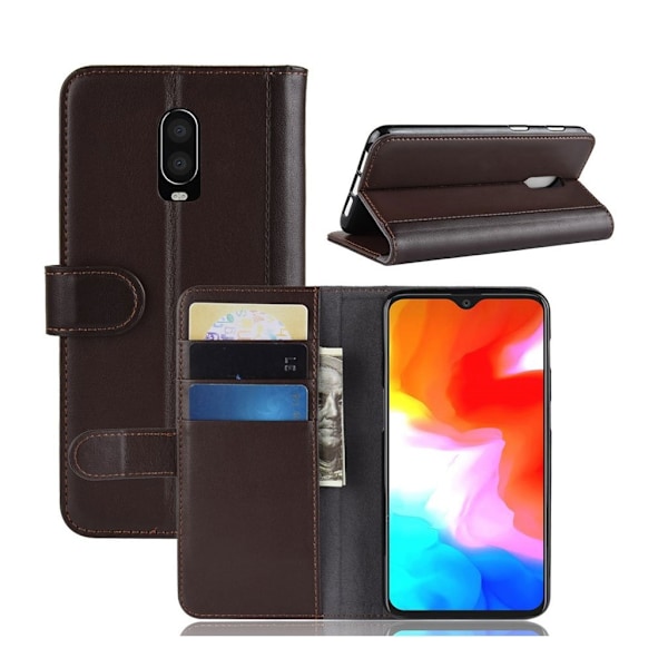 OnePlus 6T aito haljais nahkainen lompakko suojakotelo - Ruskea Brown