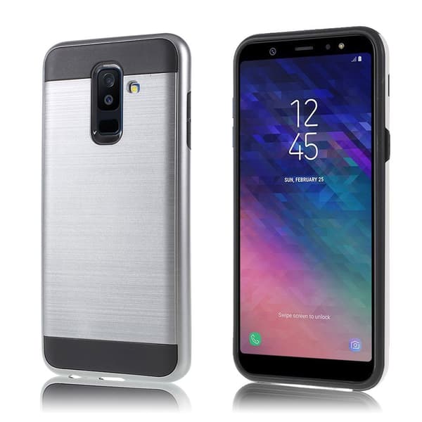 Samsung Galaxy A6 Plus beskyttelses deksel av silikon og plastikk med børstet tekstur - grå Silver grey