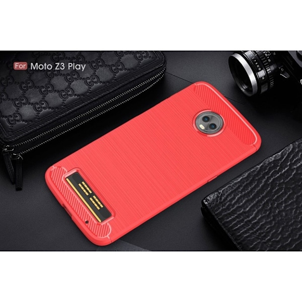 Motorola Moto Z3 Play Hiilikuitu Harrjattu TPU Takaosa Kuori - Punainen Red