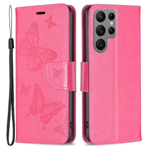 Butterfly läder Samsung Galaxy S23 Ultra fodral - Rosa Rosa