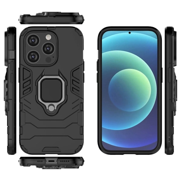 iPhone 14 Pro 6,1 tommer Drop Resistant Soft Flexible and Hard Bumpresistent Hybrid Cover Wear-resistant Phone Case med Ring Kickstand - Sort Black