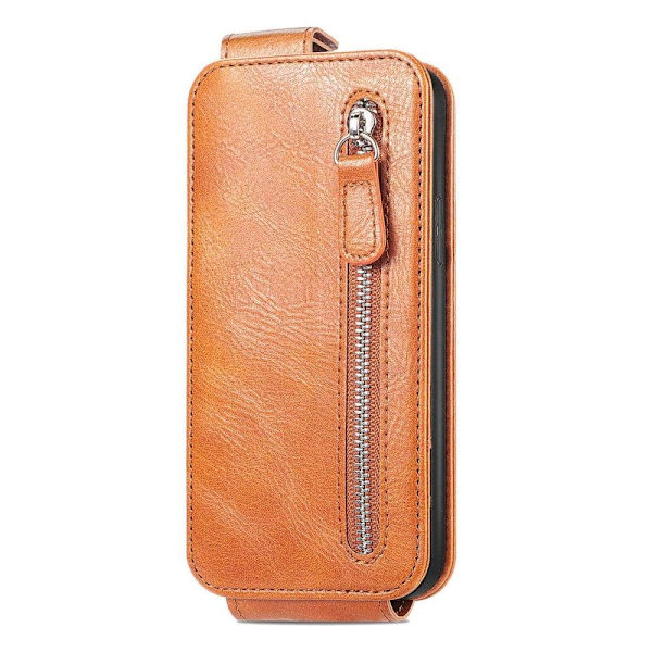 Lodret iPhone 14 flip etui med lynlås - Brun Brown