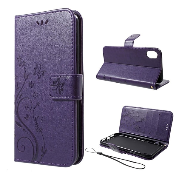 iPhone Xr Perhos Ja Kukka Printtikuviollinen Synteetti Nahkainen Lompakko Kotelo - Tumman Violetti Purple