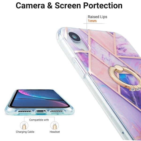 Marble Patterned Suojakuori With Ring Holder For iPhone Xr - Vaaleanvioletti Purple