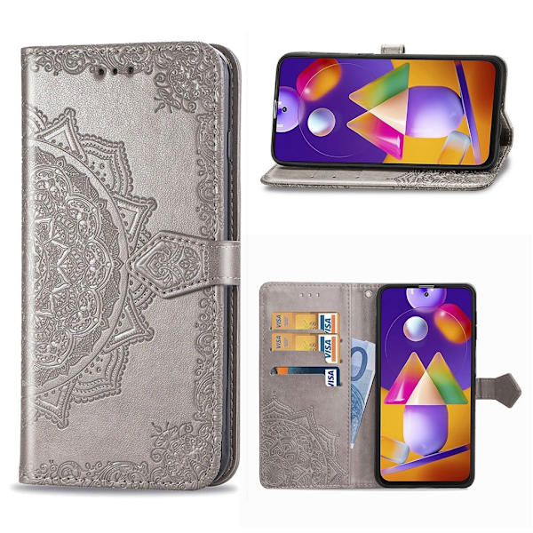 Mandala Samsung Galaxy M31s nahkakotelo - Harmaa Silver grey