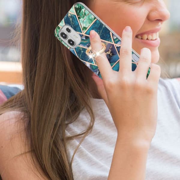 Marble Mønstret Deksel med Ring Holder til Motorola Edge 20 Lite - Blå / Grønn Blue