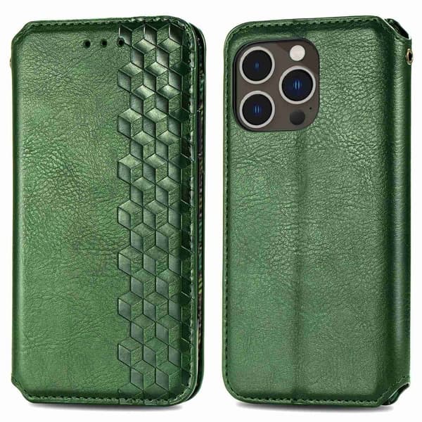Læretui med A Stilfull Rhombus Imprint til iPhone 14 Pro - Grønn Green