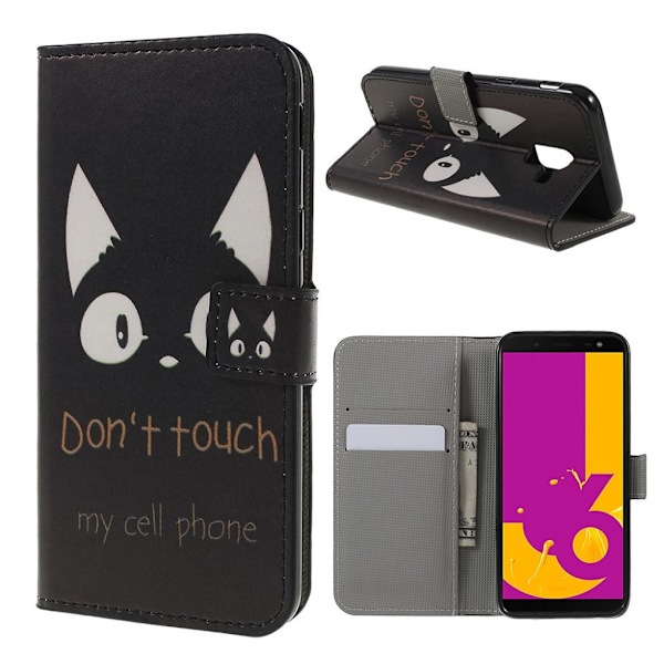 Samsung Galaxy J6 Kuvallinen Seisova PU Nahkinen Suojaava Lompakko Kotelo - Do Not Touch My Phone Teksti ja Kissa Multicolor