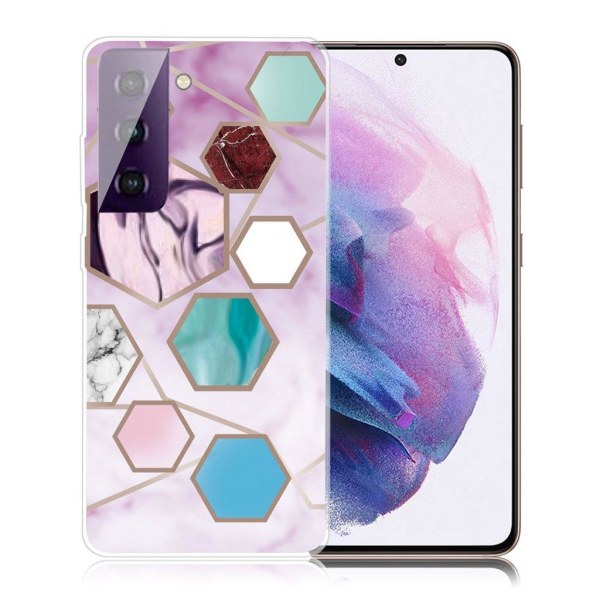 Marble Samsung Galaxy S21 FE Etui - Sekskant Fragments i Lilla Multicolor