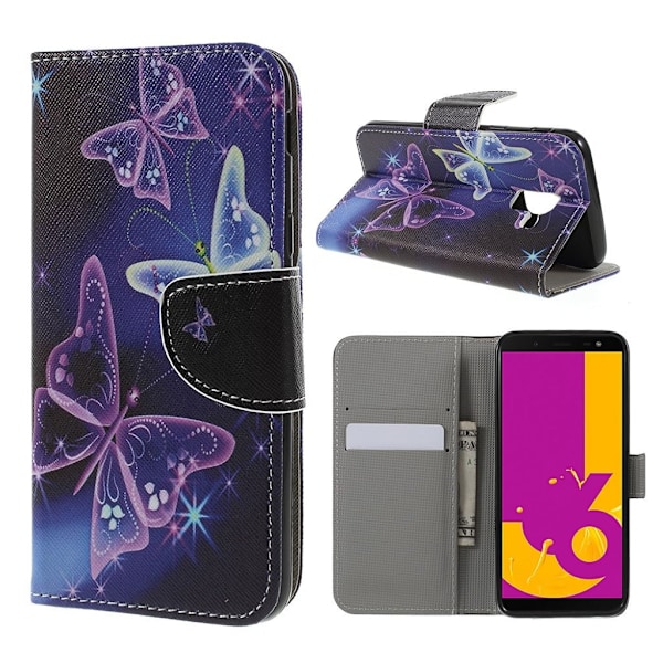 Samsung Galaxy J6 beskyttelsesetui i lædermateriale med printede mønstre og magnetisk lukkeklap - Smukke sommerfugle Multicolor