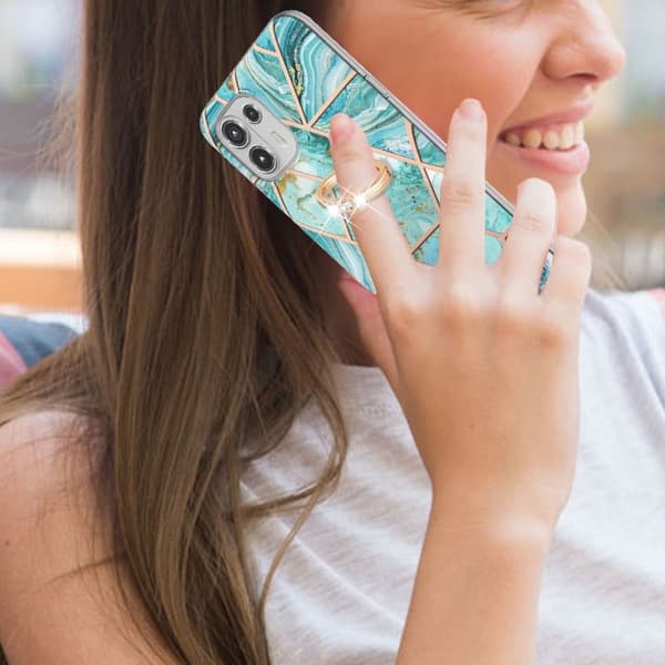 Marble Mønstret Deksel med Ring Holder til Motorola Edge 20 Lite - Blå Blue