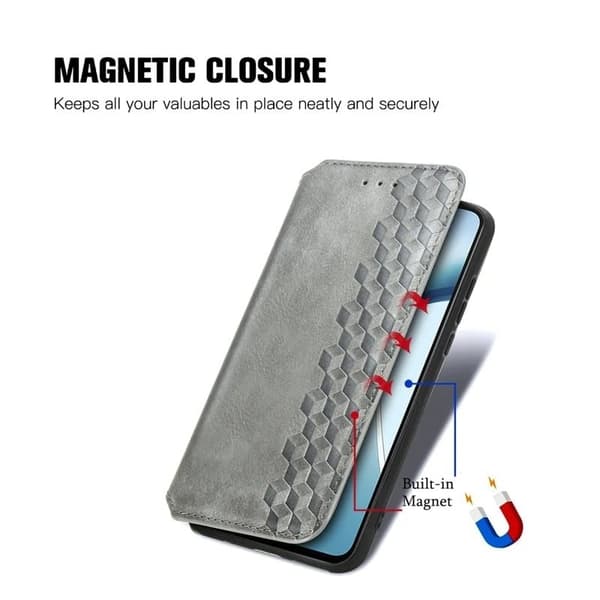 OnePlus 13 Case Rhombus Imprint Vegansk Læder Wallet Phone Cover - Grå Silver grey