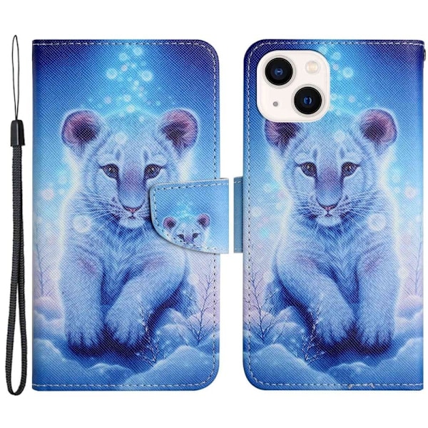 iPhone 14 6,1 tommer kryds tekstur mønster udskrivning telefon cover stativ tegnebog vegansk læder magnetisk lås etui - Leopard Blue