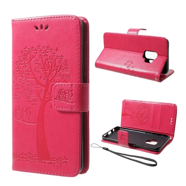 Samsung Galaxy S9 stemplet Træ ugle PU læder flip etui - Rose Pink