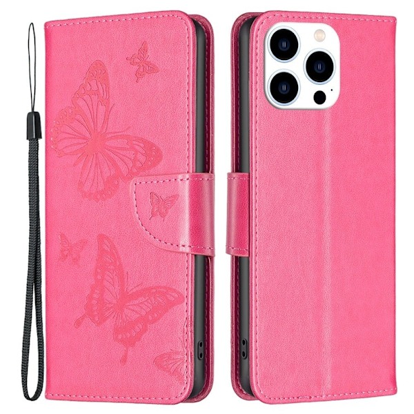 Butterfly läder iPhone 14 Pro fodral - Rosa Rosa