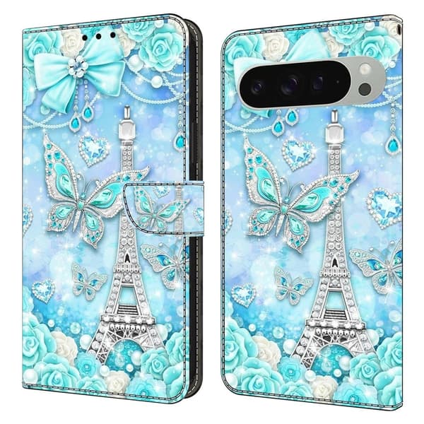 Google Pixel 9 Pro XL plånboksfodral mönstrat tryck stativ läder flip telefonskal - Fjärilskoboltorn Blå