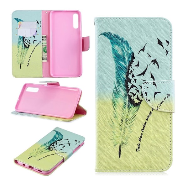Samsung Galaxy A70 mønstret lædercover - fjermønster Multicolor
