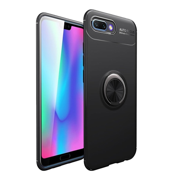 Huawei Honor 10 mobiletui i plastik og silikone med fingerrings-stativ - Sort Black