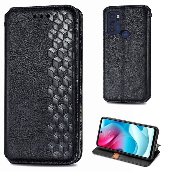 Læder Etui med A Stilfuldt Rhombus Tryk til Motorola Moto G60s - Sort Black