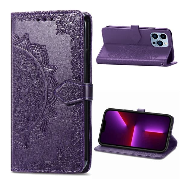 Mandala iPhone 13 Pro Flippetui - Lilla Purple