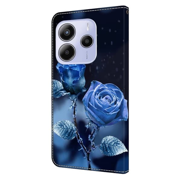 Xiaomi Redmi Note 14 5G Plånboksfodral Mönster Tryck Stativ Läder Flip Telefonskal - Blå Rosor Blå