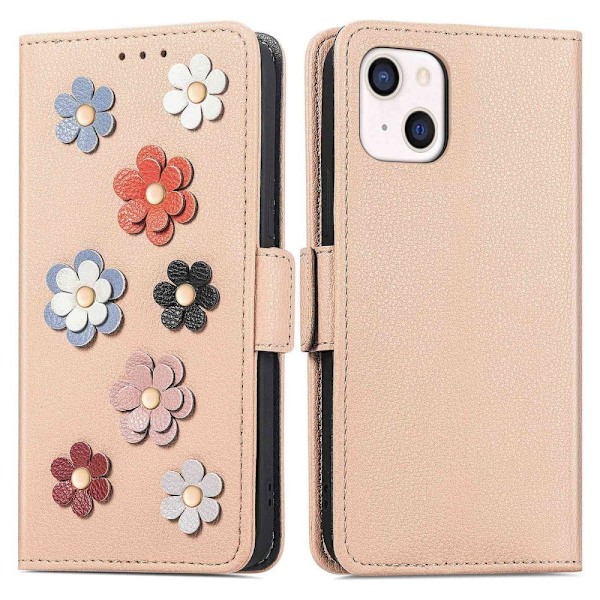 Mjukt läder iPhone 13 Mini fodral med blomdekor - Brun Brun